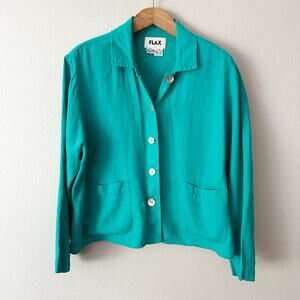 Flax Abalone Teal 100% Linen‎ Button Up Shirt Jacket Women's Size Medium